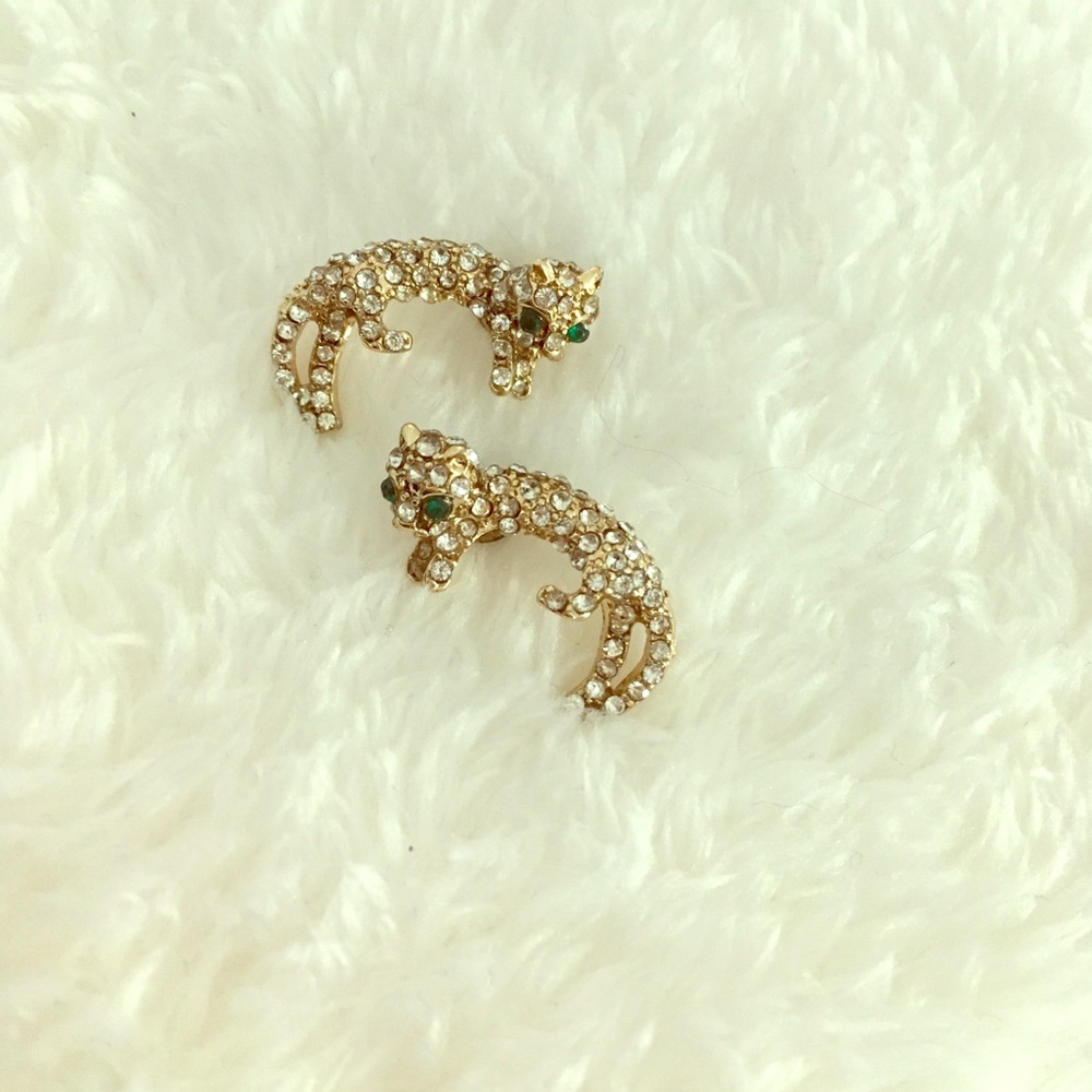 Gold and Rhinestone Cat Earrings